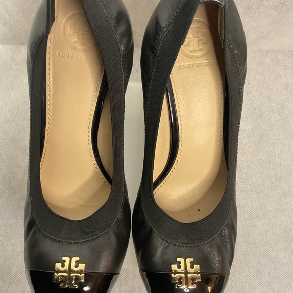Tory Burch Caroline Wedge Ballet Black Leather- Size 8 - Picture 3 of 14